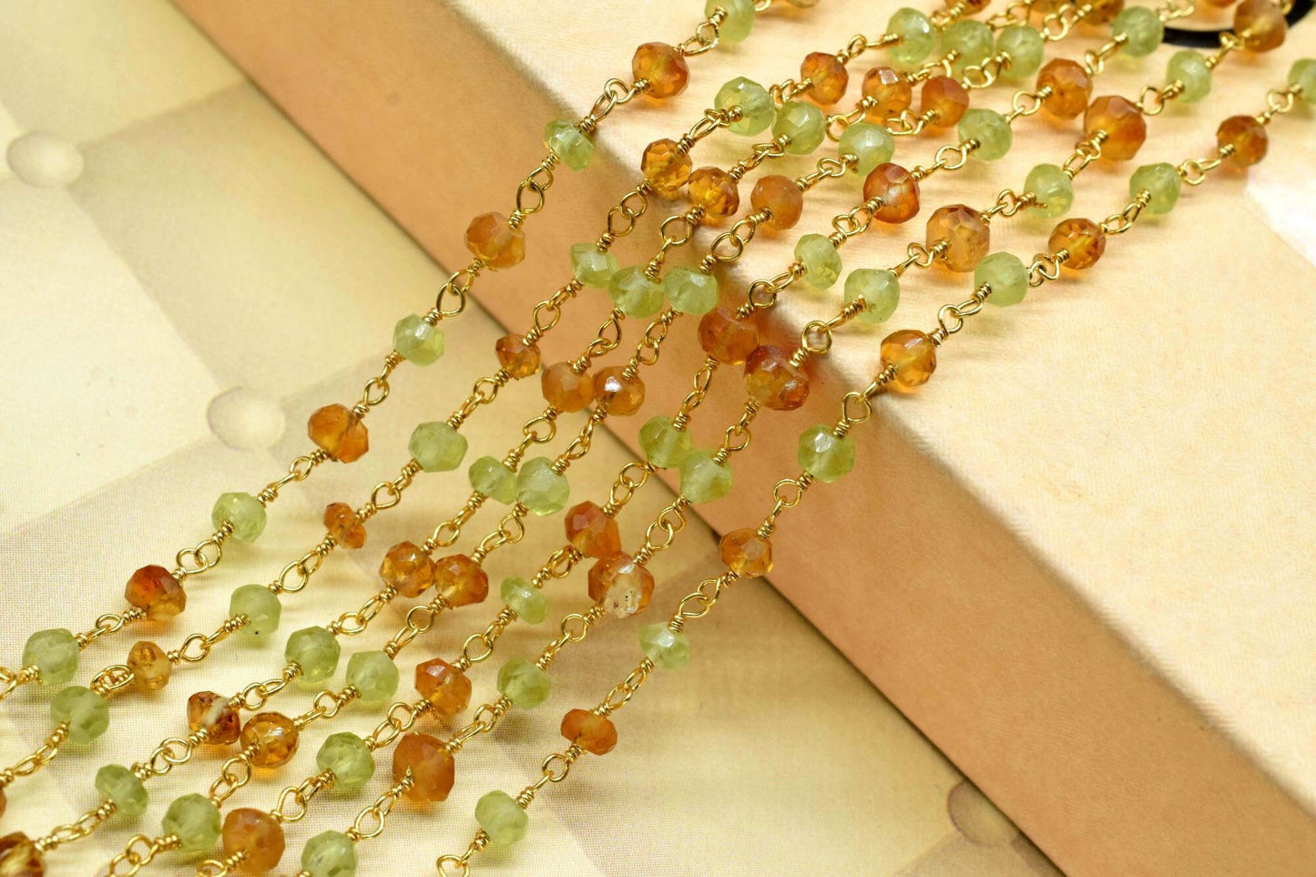 Peridot 3mm Beaded Chain,Faceted Peridot Rosary Style Beaded Chain,citrine beaded chian,multi gemstone beaded chian,wire wrapped,handmade,