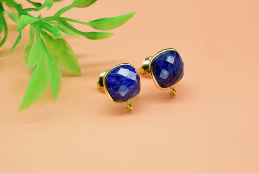 Sapphire 10mm Cushion Earring Connector,Earring Findings,Blue Sapphire post stud,Gold Plated Earring Connector,BlueSapphire Stud