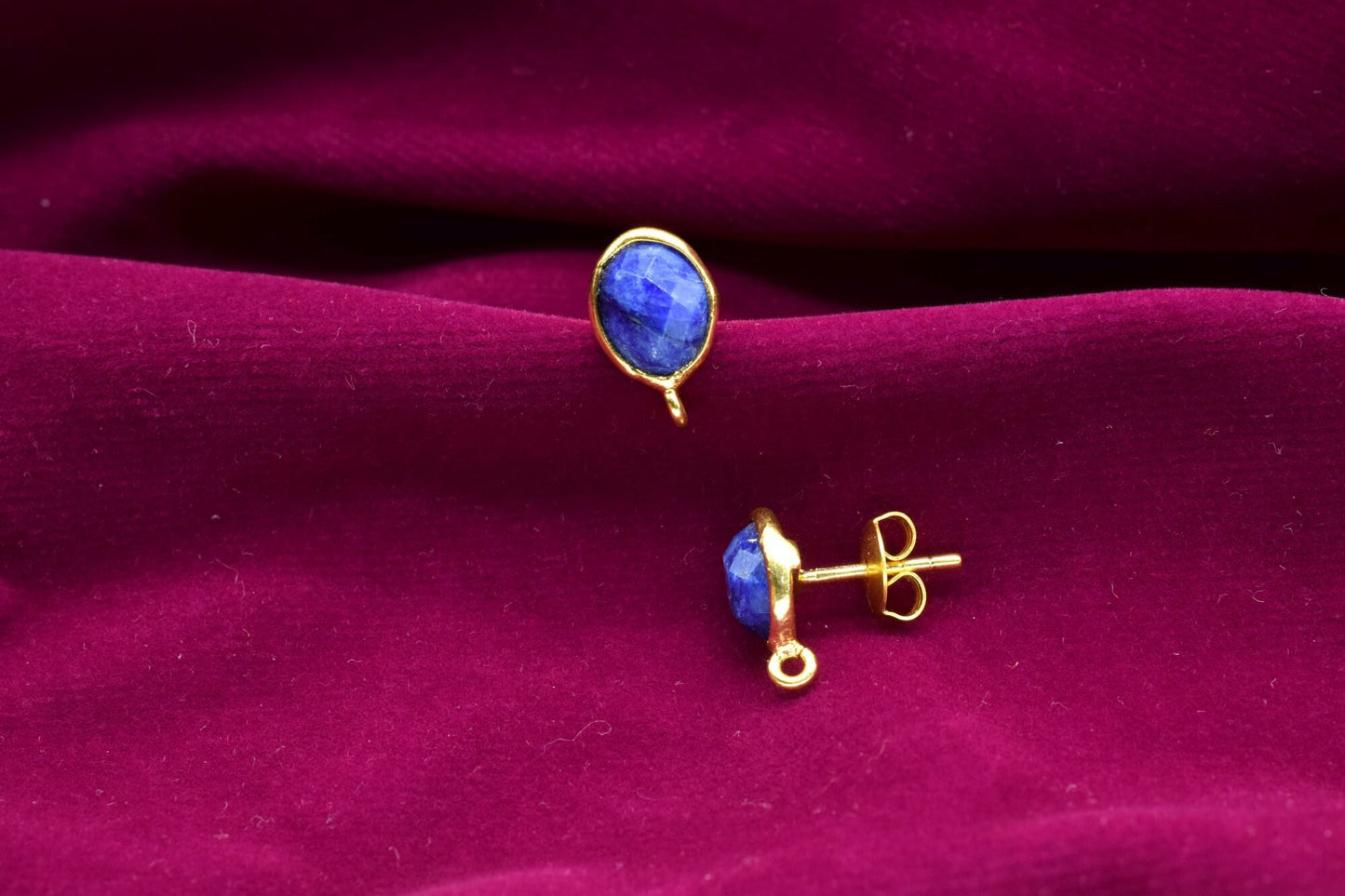 Blue sapphire 6x8mm oval shape Earring connector Stud post setting with loop open bail,Hot Blue sapphire Gold Plated Earring With Loop