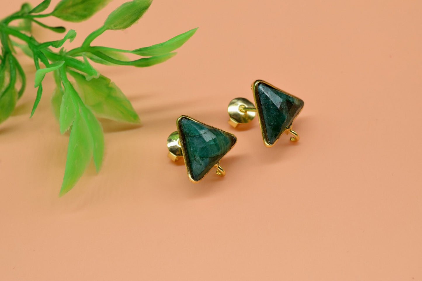 Natural Emerald 11mm Trillion Shape Connector Post Stud,Single Loop Gemstone Earring Connector,Emerald Earring connector,Emerald Studs