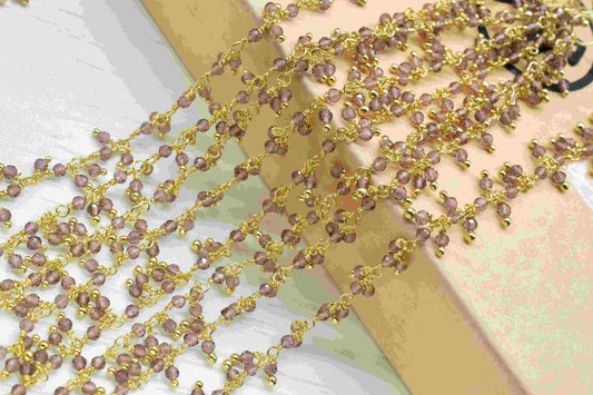 Amethyst 2.5mm To 3mm Cluster Beaded Rosary, Amethyst Rosary Chain,Amethyst Gold Plated Wire Wrap Chain,Cluster Beads Rosary Jewelry Making