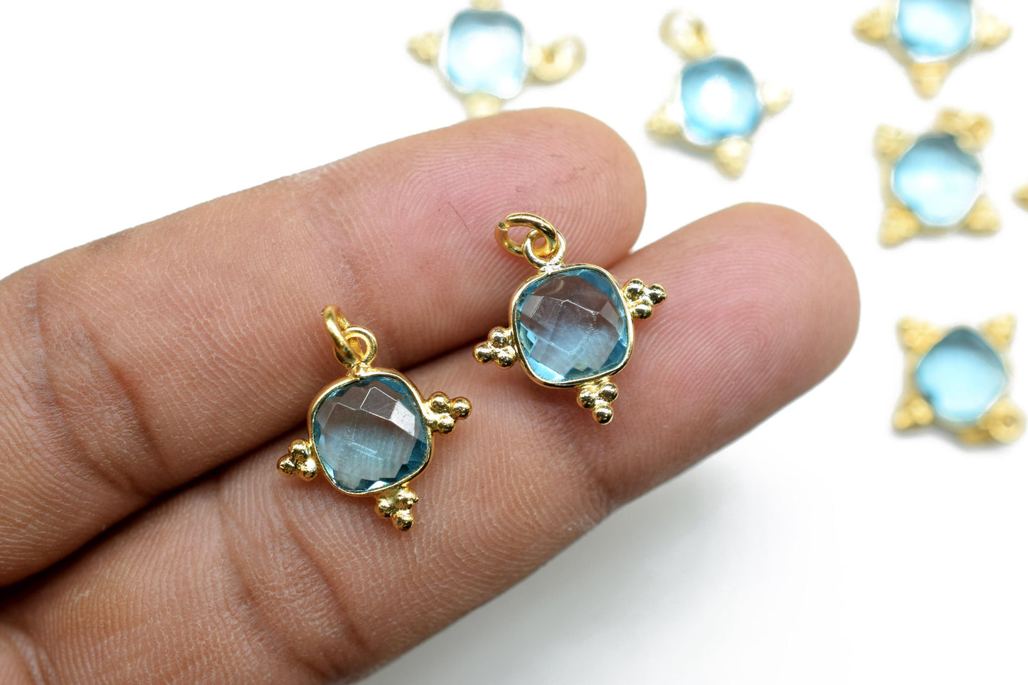 Sky Topaz 8mm Cushion Bezel charm/Station Bezel Link Supplies/Sky Topaz Jewelry Making/Square Pendant//Gemstone Connector Pendant