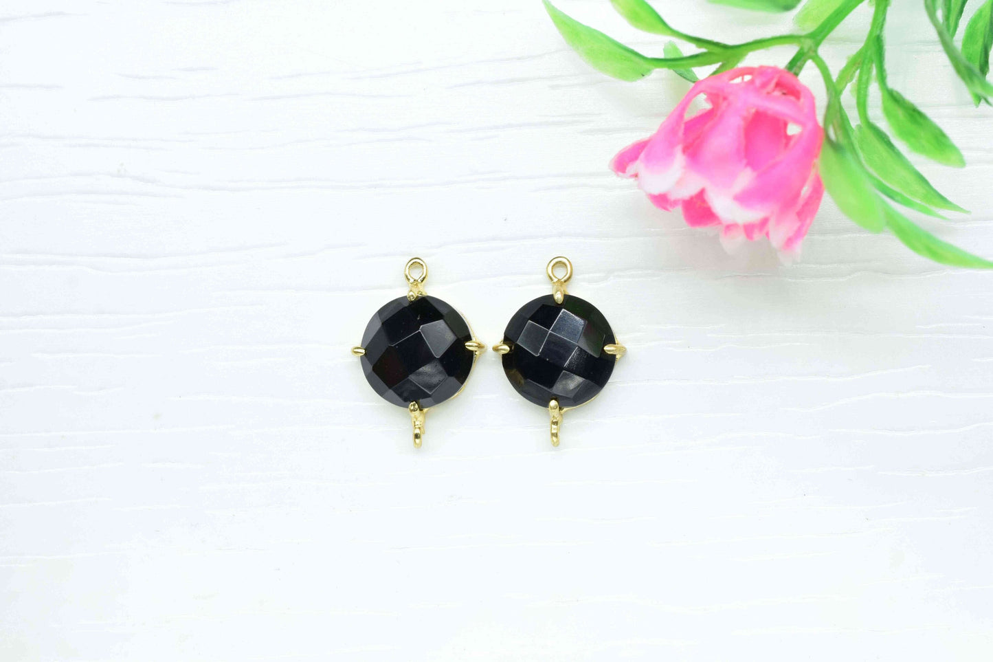 Black Onyx Prong Bezel Charms,Black Onyx double bail connector jewelry,Black Onyx Gemstone Pendant,Black Onyx Faceted 12mm round Shape Bezel