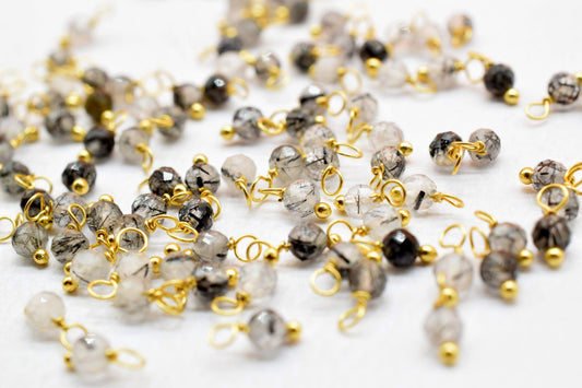 Black Rutilated Single wire wrapped Beads,Earring Components,Gold Plated Wire Wrapped Beads,Rutilated Faceted Beads,Rutile Dangle Beads,Gift