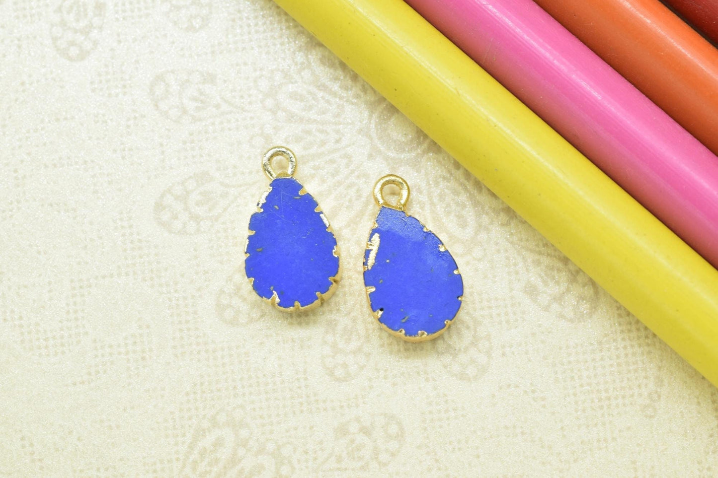 Lapis Lazuli Teardrop Pendant Charm,Handmade Cabechon Pendant,Necklace Connector,Charms Jewelry,Gemstone Electroplated,Single Bail Connector