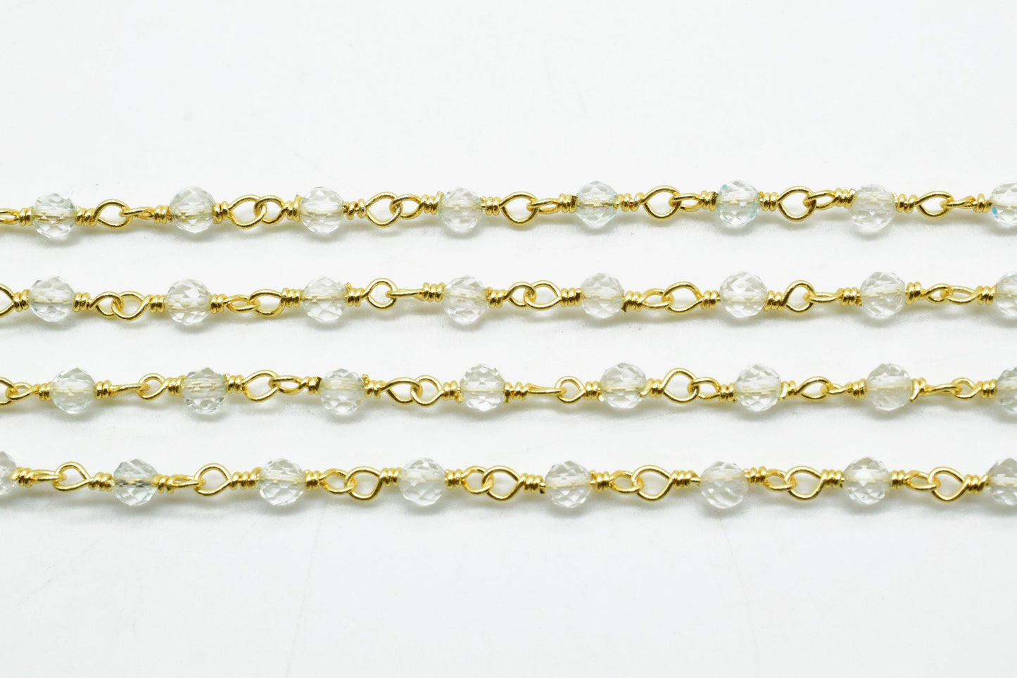 Crystal 3mm Beaded Chain,Rosary Bead, Cut Glass, Super Sparkly, By Foot, Wrapped Brass Wire, Necklace, Bracelet,Easy Open Eyepin gold Chain