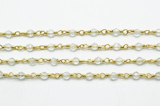 Crystal 3mm Beaded Chain,Rosary Bead, Cut Glass, Super Sparkly, By Foot, Wrapped Brass Wire, Necklace, Bracelet,Easy Open Eyepin gold Chain