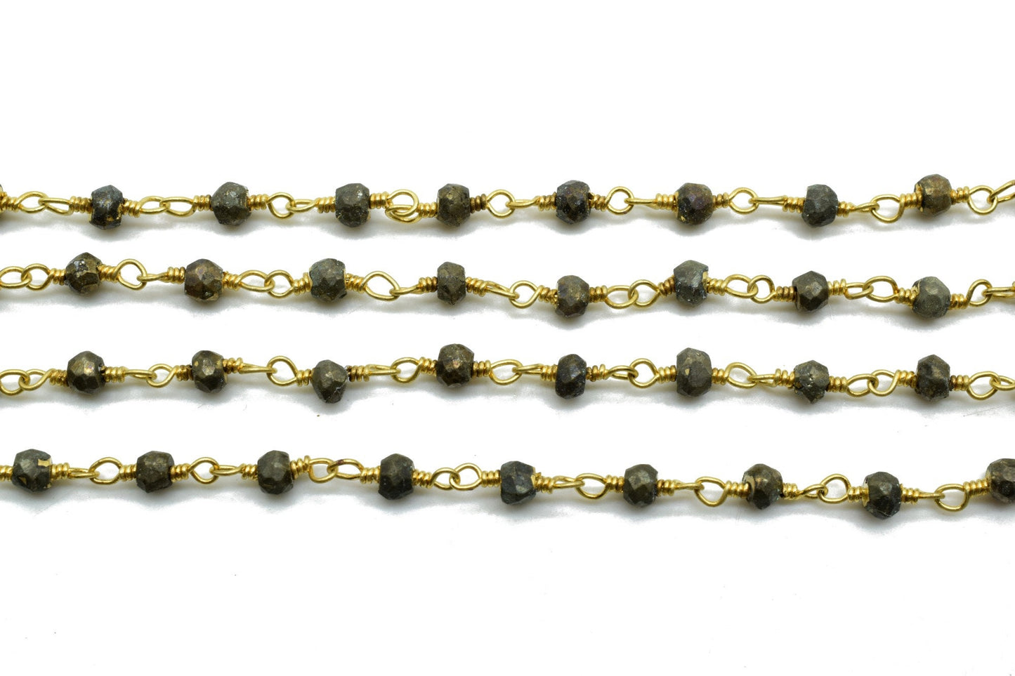 Natural Pyrite 3mm Beaded Chain,Beaded Rosary Chain,Pyrite Wrapped Brass Wire,Bracelet,Handmade Jewelry, Finding Necklace Chain In Brass