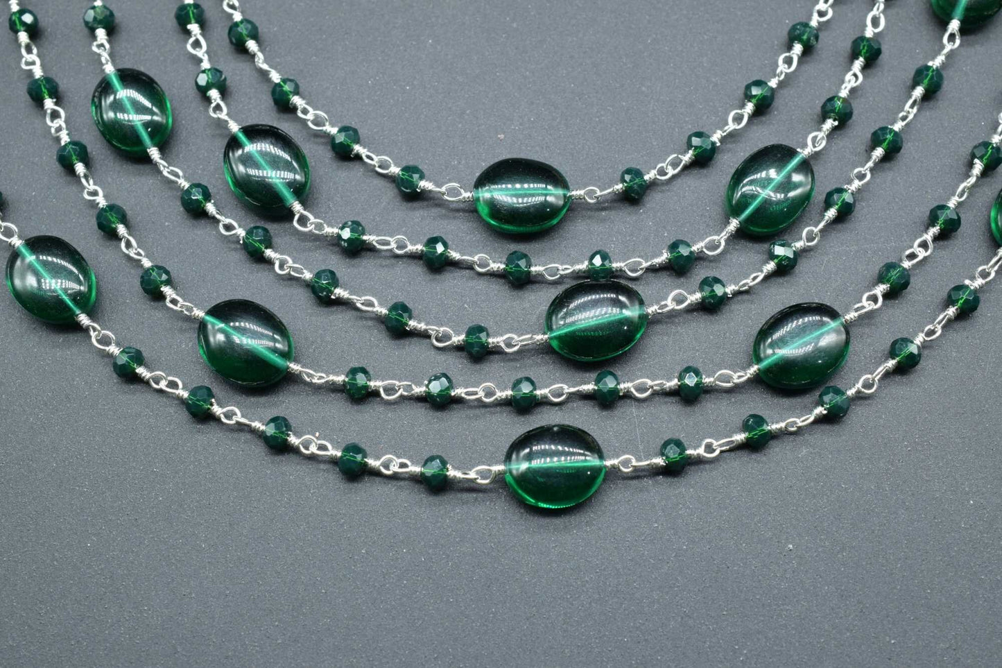 Emerald Smooth Oval Shape Chain,Emerald Silver Wire Plated Rosary Beaded Chain,Chain Per Foot,Gemstone Beads,Emerald Rosary Beaded Chain
