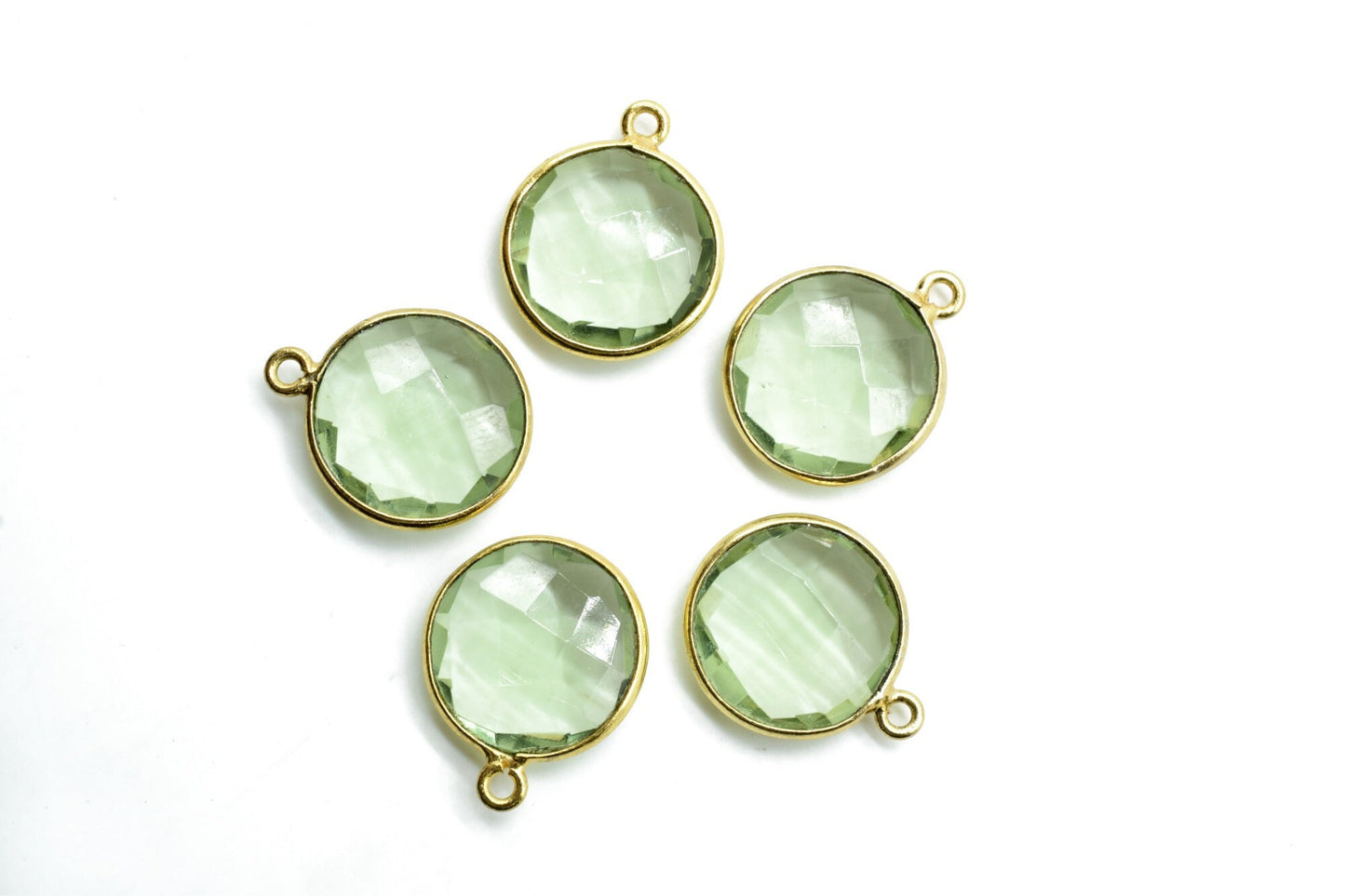 Green Amethyst 14mm Round charm,Brass Gold Plated bezel,Green Amethyst single Bail Pendant,February Birthstone Coin Links,Jewelry Findings