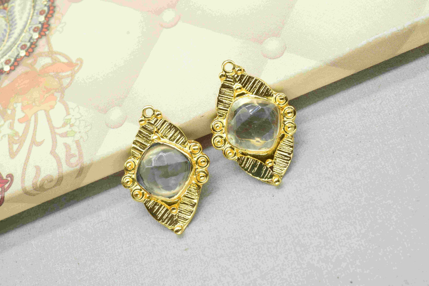 Crystal Quartz Component 10mm Cushion Shape Pendant Jewelry,Crystal Earring Connector,Finding Gold Plated Connector,Gemstone Pendant Jewelry