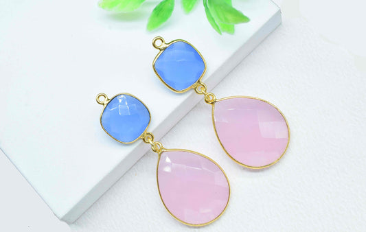 Pink Chalcedony Component pendants,Multi Gemstone Dangle Earring,Blue Quartz Connector jewelry,Dangle pendant Charms,Handmade Station Link