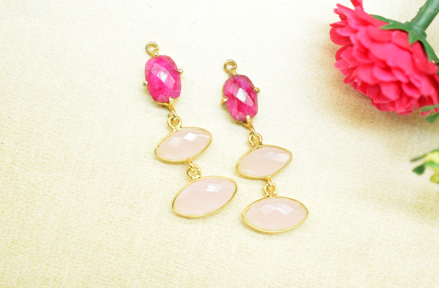 Ruby Bezel Charm Connector/Station Bezel Link Pendant/Prong Bezel Jewelry/Connector/Handmade Jewelry/Rose Quartz Quartz Pendant/B'day Gift