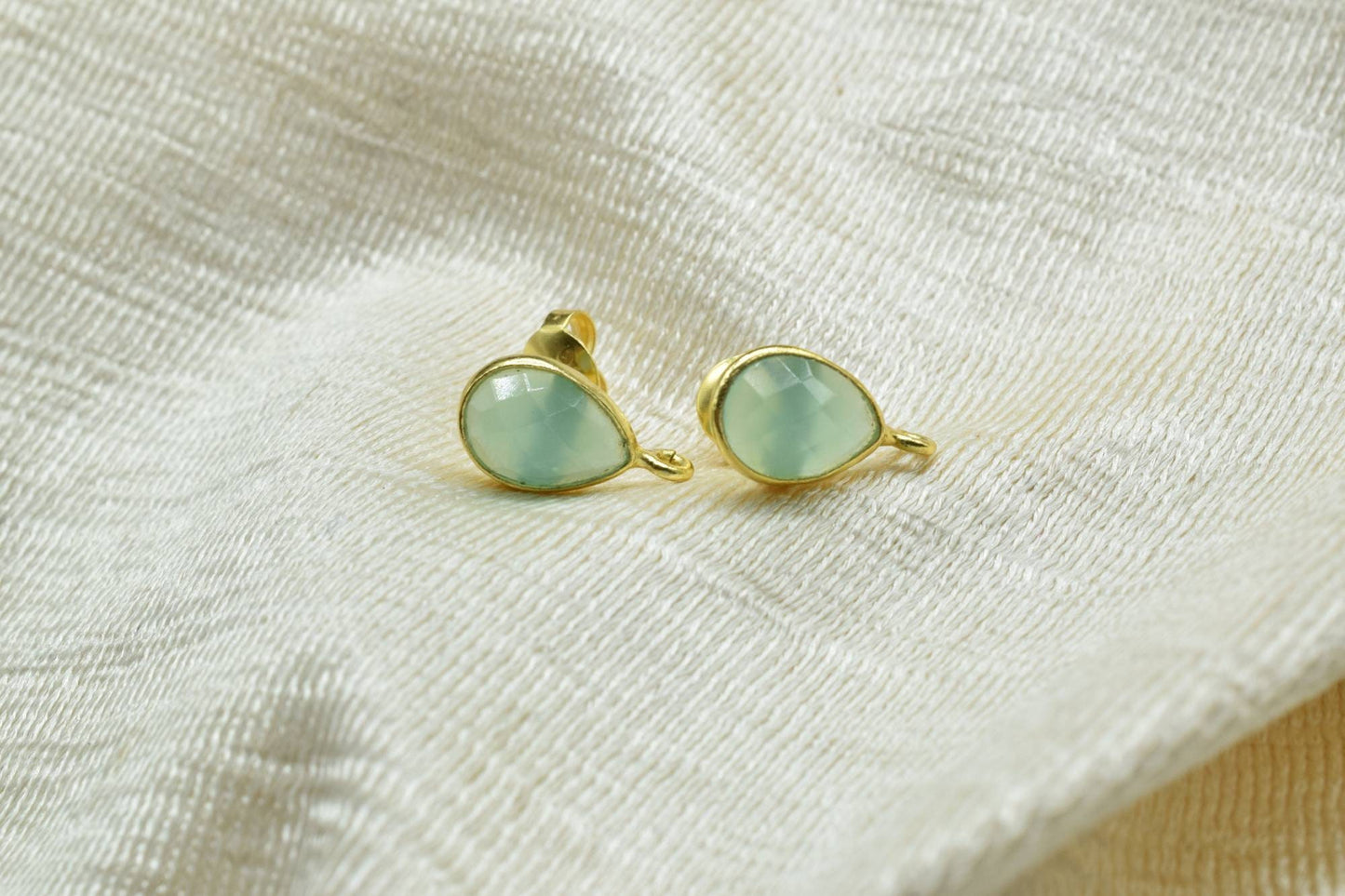 Aqua chalcedony7x10mm Teardrop shape Earring connector Stud post setting with loop open bail, Aqua chalcedony Gold Plated Earring With Loop