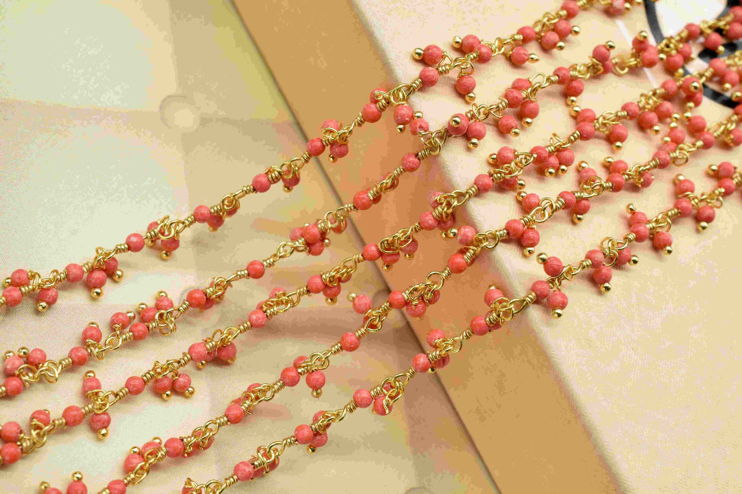 Red coral 2mm Cluster Rosary Chain,Gold Plated Chain,Wire Wrapped Chain,Jewelry Supply,Plain Red coral Beads Gold Plated dangling chain