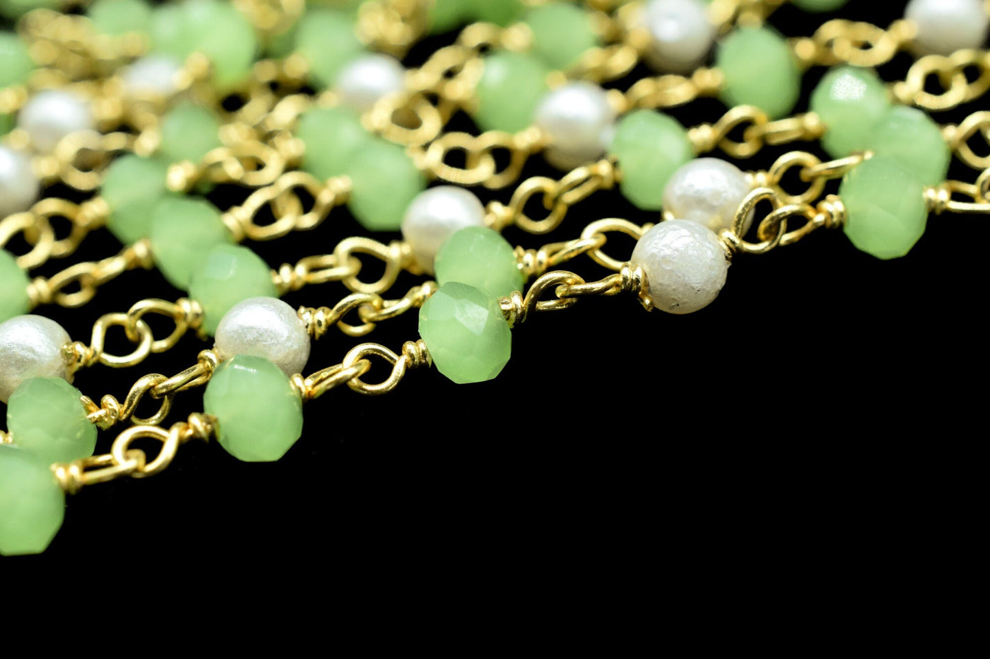 Prehnite Faceted Beads Rosary Chain,Gold Plated Wire wrapped Beaded Chain,Gemstone Beads Rosary Chain,Pearl Rosary Chain,Wire Wrapped Beads