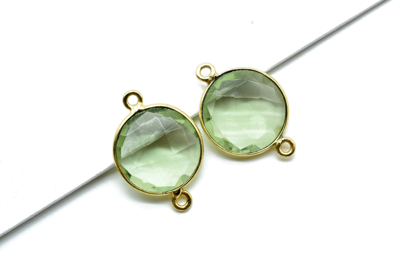 Green Amethyst 14mm Round Double bail connectors,Gold Plated bezel,Green Amethyst Pendant,February Birthstone Coin Links,Jewelry Findings