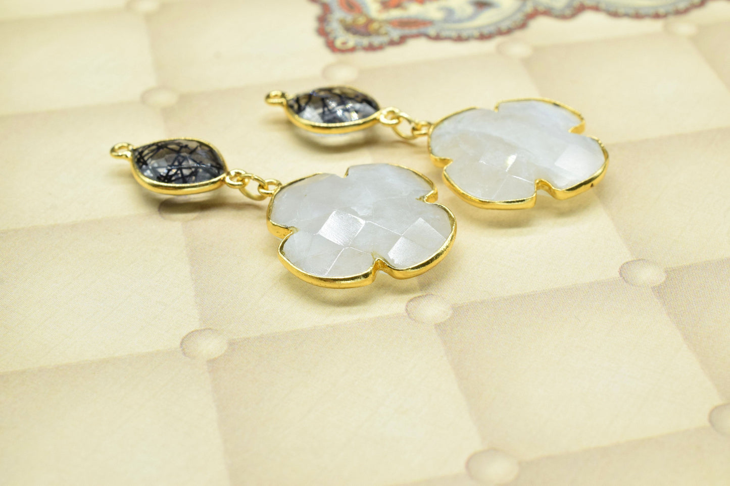 Rainbow Dangle Component Earring,Multi Stone Dangle Earring,Statement Earring,Handmade,Black Rutile pendant Connector,Gemstone Bezel pendant