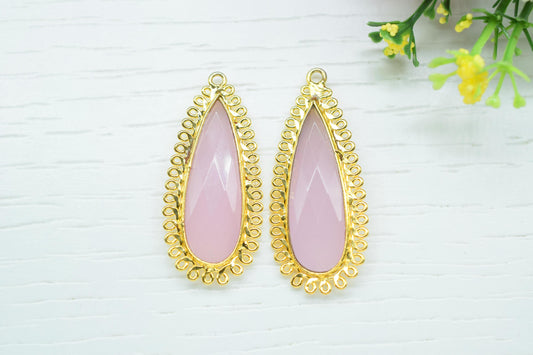 Rose Quartz 10x30mm Teardrop Bezel Charm,Single Bail Pendant,Handmade Jewellery Connectors,Gemstone Brass Component,Handmade Connector,Gift