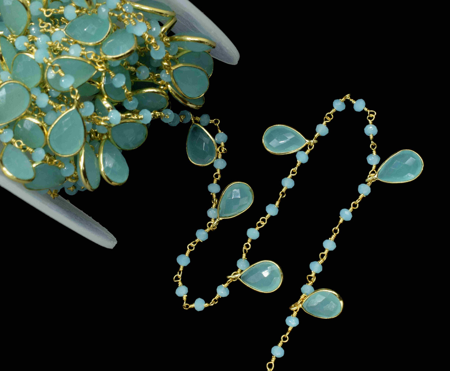 Aqua chalcedony 8x12mm Faceted Bezel Connector Link Chain,Aqua 3mm Faceted Beads chain,Gemstone Bezel Connector link Chain,Aqua Rosary chain