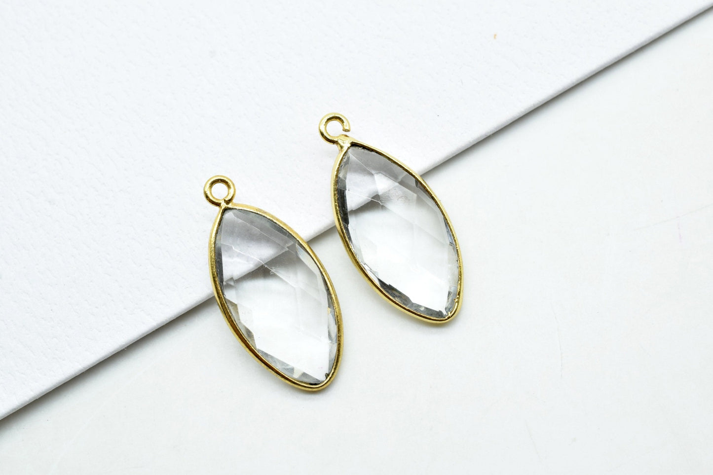 Crystal 10x20mm Marquise shape charm,Crystal Quartz Bezel,Crystal Heart Shape Connector,Crystal Heart Pendant 24k Gold Plated,Single  Bail