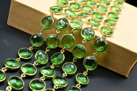 Natural Peridot Round Connector link Chain,Faceted Bezel Connector Link Chain,Continuous Connector Chain by foot,Gold Plated Gemstone Chain,