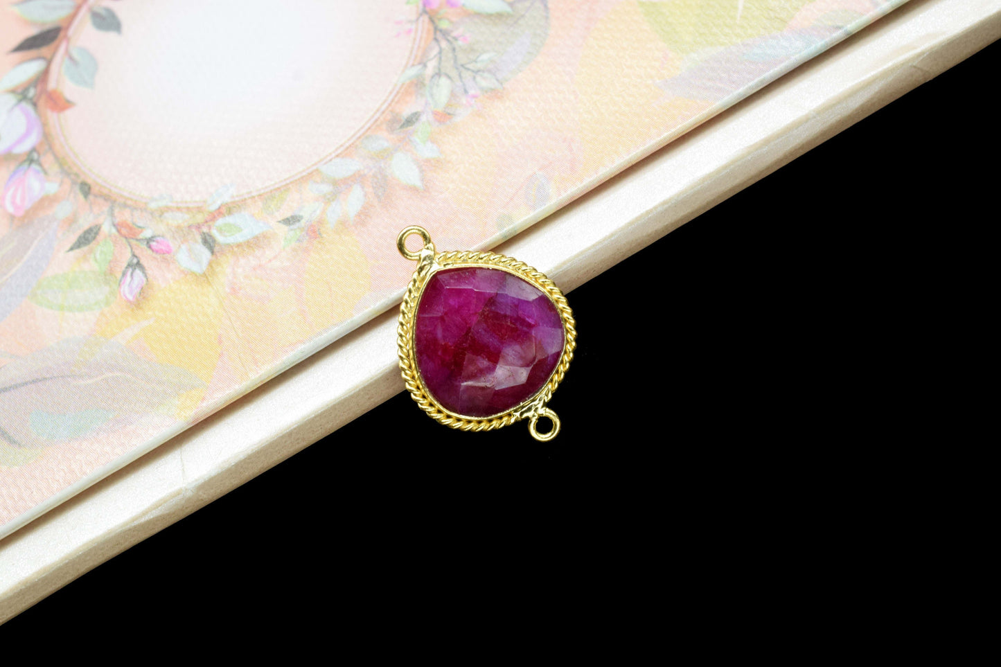 Ruby Faceted Gemstone 14mm heart shape Connectors,Ruby Gold Plating Double bail Pendant Jewelry making,Ruby Gemstone link Connector Jewelry