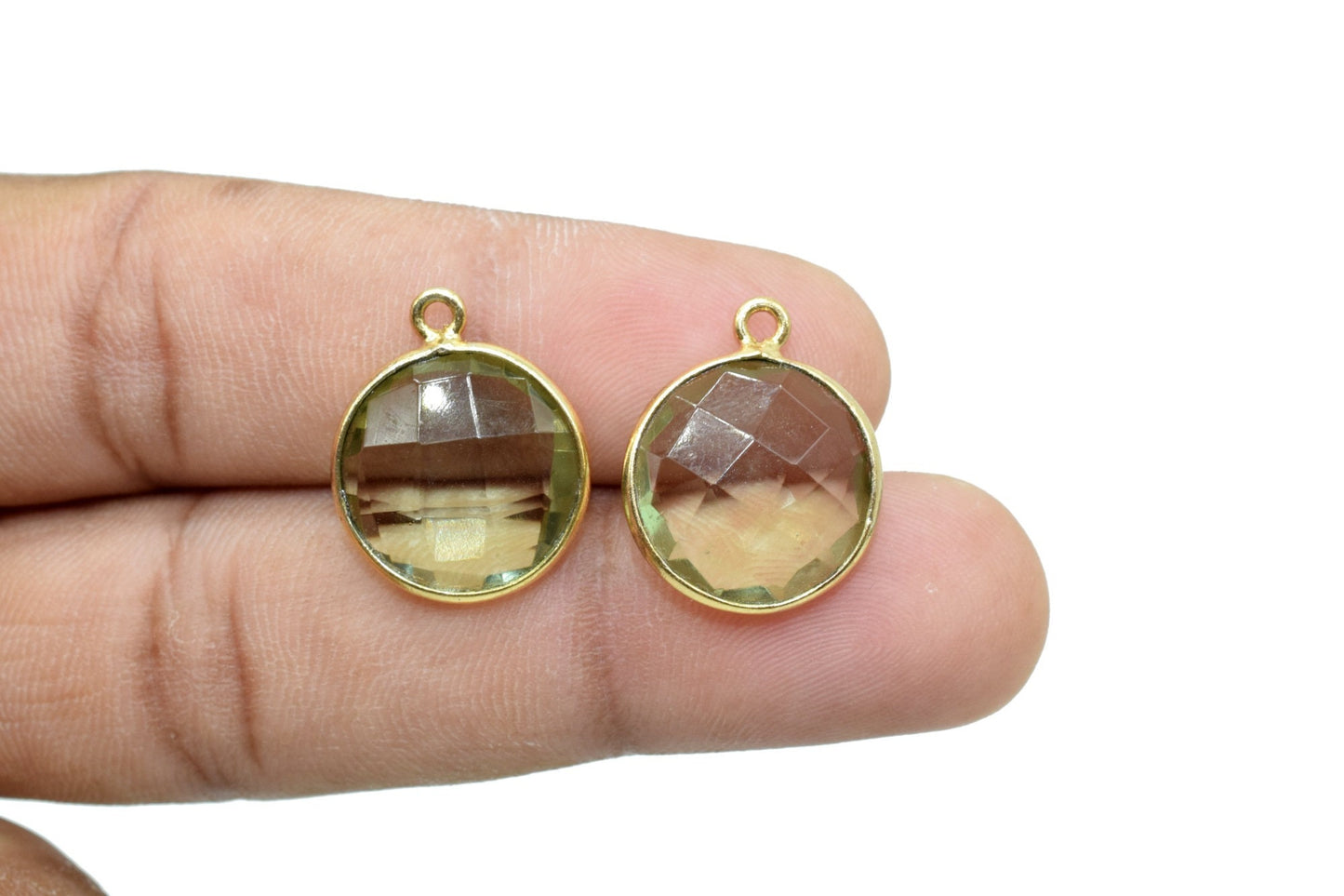 Green Amethyst 14mm Round charm,Brass Gold Plated bezel,Green Amethyst single Bail Pendant,February Birthstone Coin Links,Jewelry Findings
