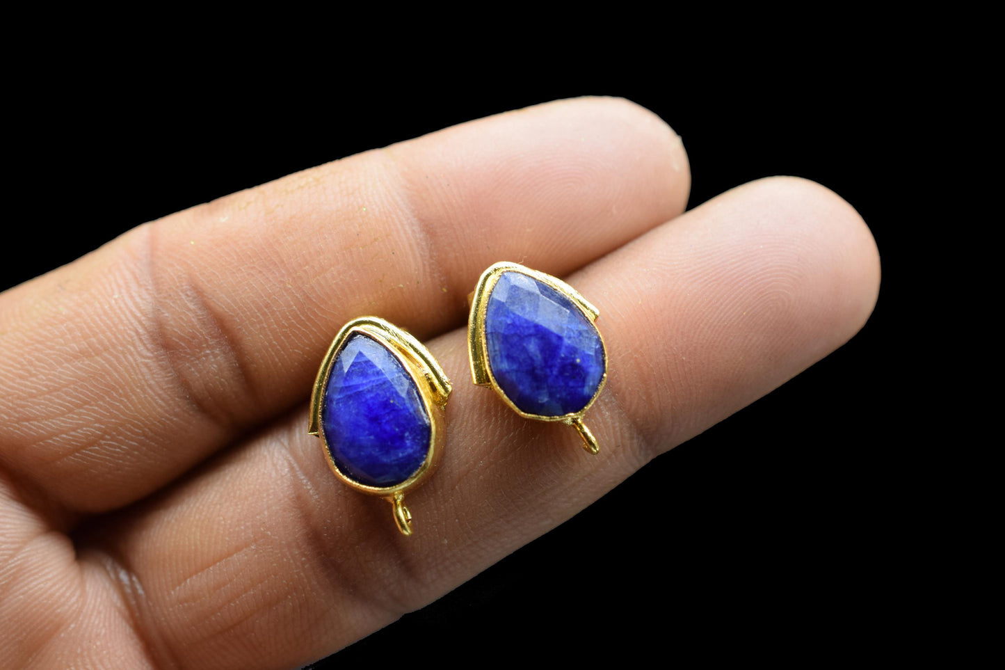 Blue Sapphire Studs Connector/Gold Plated Earring/Handmade Studs/Bezel Set Studs/Teardrop Earring/Women Jewelry/Connector Studs/B'day Gift