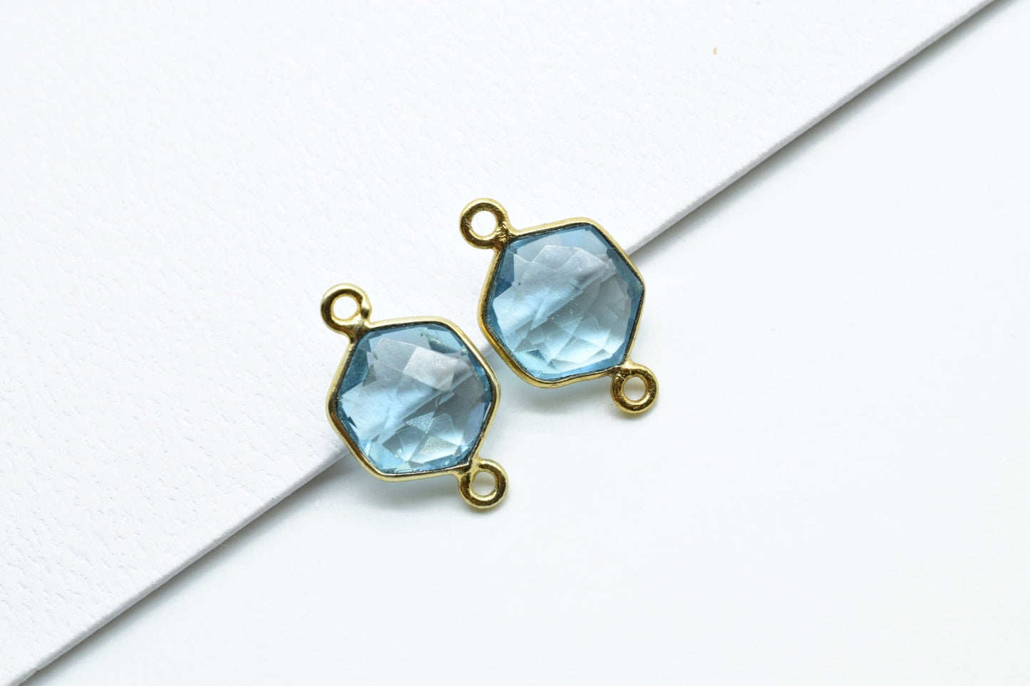 Sky Topaz 10mm Hexagon Shape Pendant,Gold Plated double Bail Gemstone Connector,Faceted Hexagon Shape Gemstone Bezel,Topaz Hexagon Charms