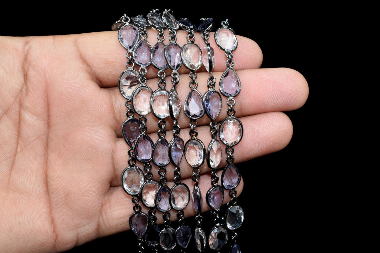 Crystal & Iolite Bezel link Chain I Handmade Bezel Link Chain, black rhodium Bezel Chain,Brass Chaina,Gemstone Connector Chain Per Foot