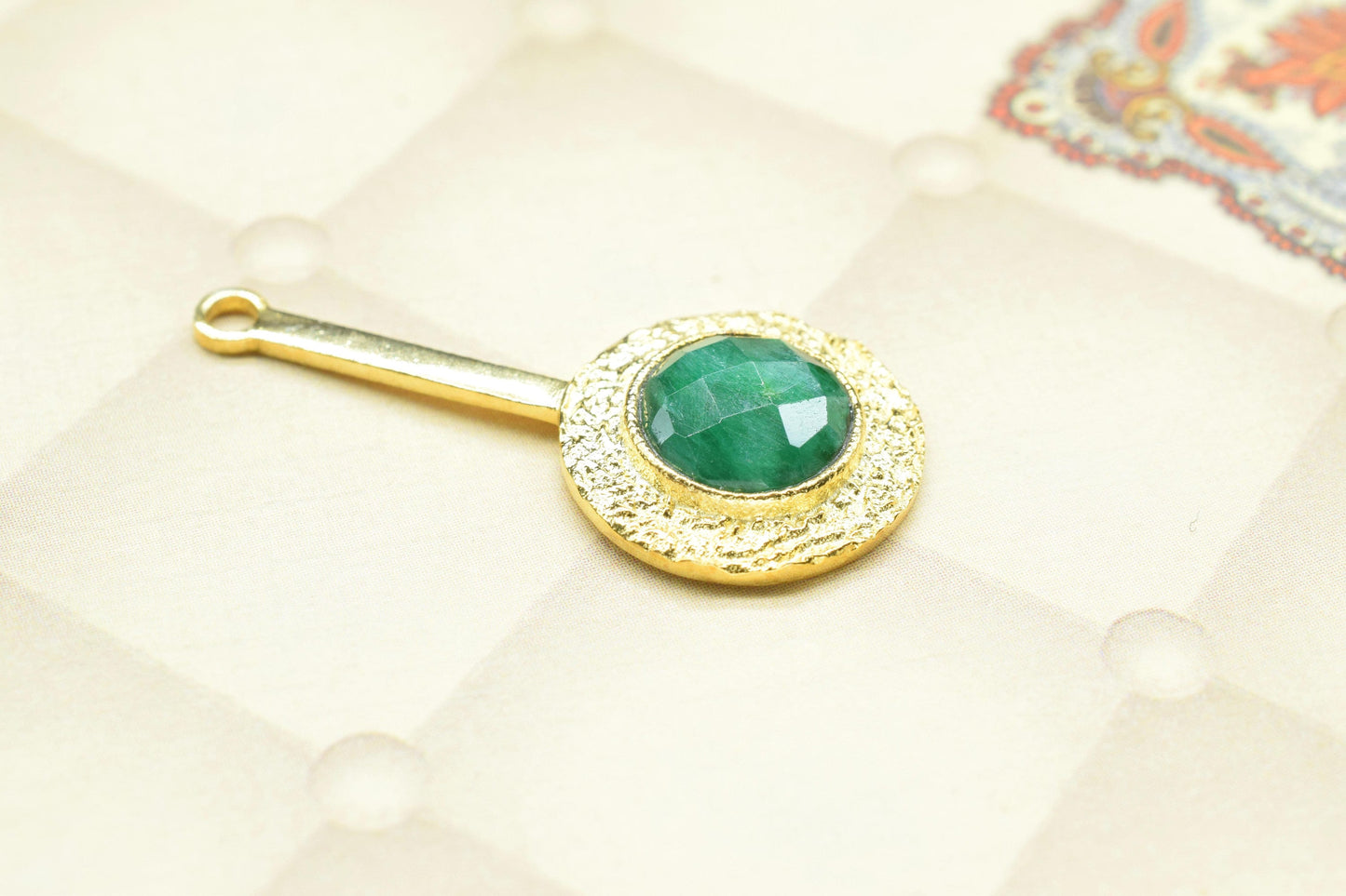 Emerald Pendant , Emerald Gemstone Handmade Pendant ,Single Bail Checker Cut Gemstone Connector, Gold Plated Connectors
