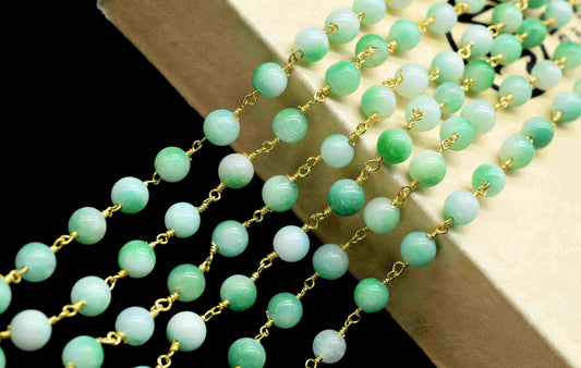 Natural Chrysoprase Gemstone 6mm Smooth Bead Chain,Chrysoprase Beaded Rosary Chain Jewelry,Chrysoprase Wire Wrapped Gold Plating rosary,gift