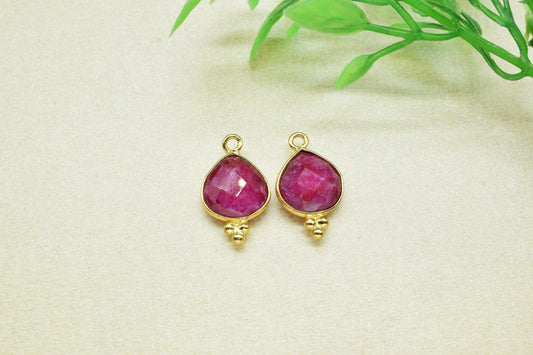 Ruby 10mm Heart Shape Pendant Jewelry,Ruby Checker Cut Gemstone Connector Jewelry Making,Ruby Faceted Gemstone Gold Plating Connectors,Gift