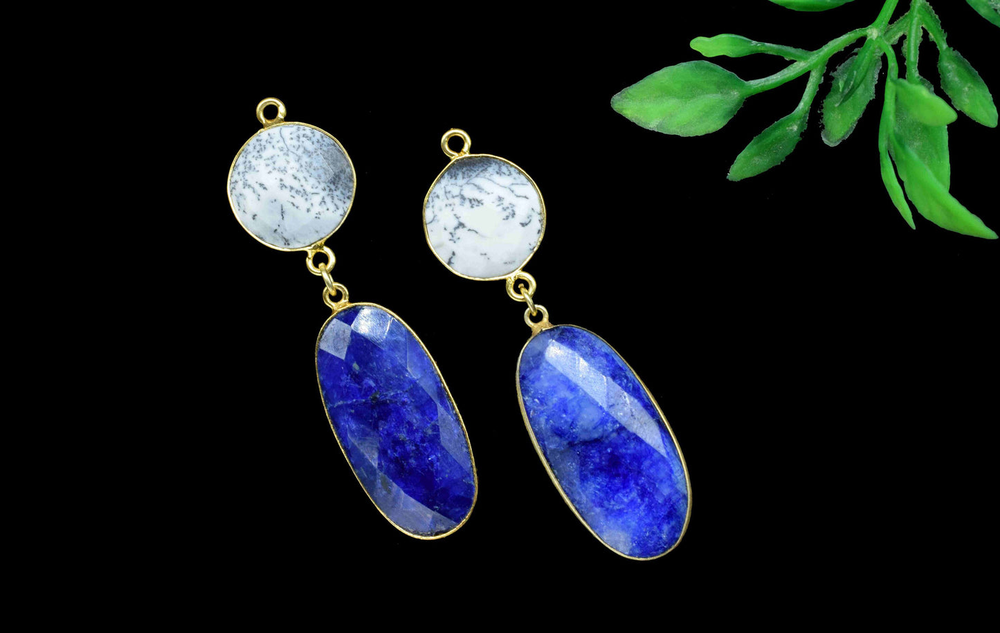 Blue Sapphire Dangle pendants,Station Link,Handmade jewelry,Dendrite pendant Charms,Component pendant,Multi Gemstone Connector,Bezel Jewelry