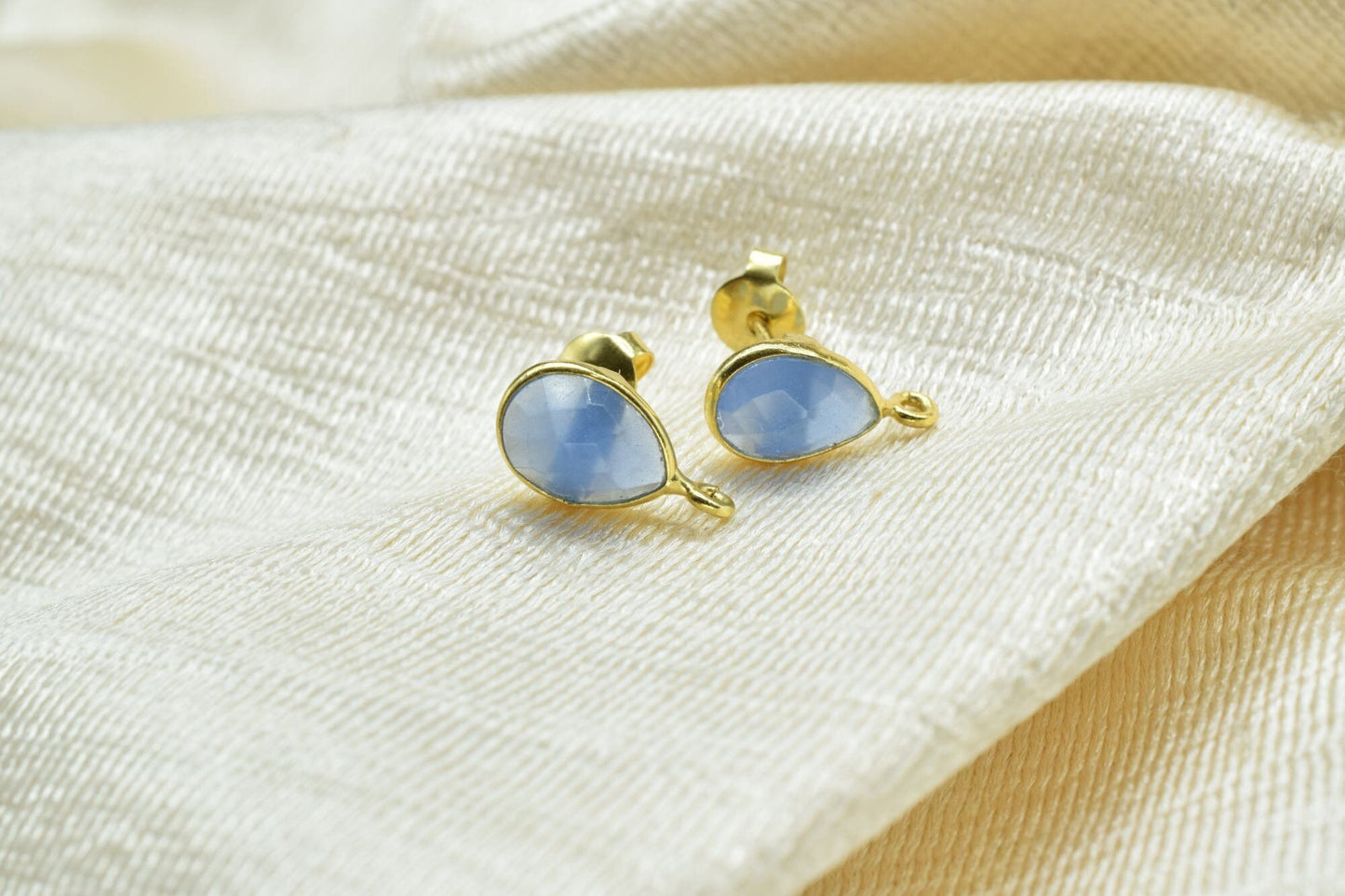 Blue Chalcedony 7x10mm Teardrop shape Earring connector Stud post setting with loop open bail, Blue Chalcedony Gold Plated Earring With Loop
