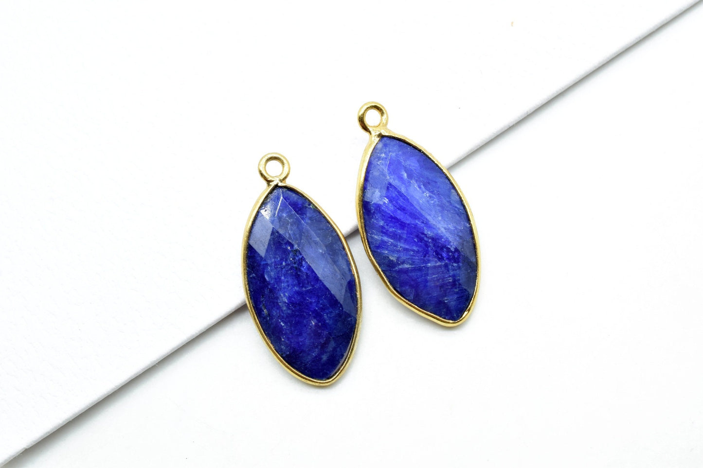 Blue Sapphire 10x20mm Marquise shape charm,Sapphire Brass Gold Plated bezel,Sapphire Faceted Briolette Connector,Sapphire Bezel Pendants