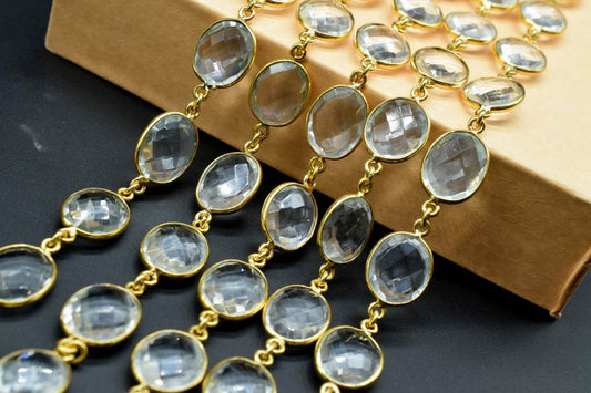 Crystal Quartz Bezel Chain I Handmade Bezel Link Chain I Clear Quartz Gold Plated Bezel Chain IBrass Chain,Gemstone Connector Chain Per Foot