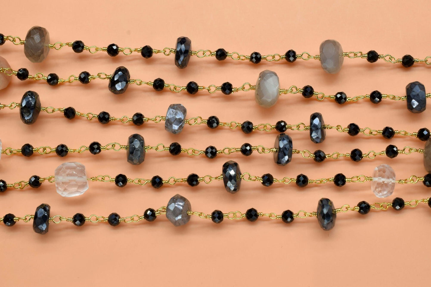 4 mm Black onyx  Rosary Chain,multi moonstone Faceted Beaded Chain,Wire Wrapped gold Plated Chain,bigger size beaded ,rosary ,dual gemstone,