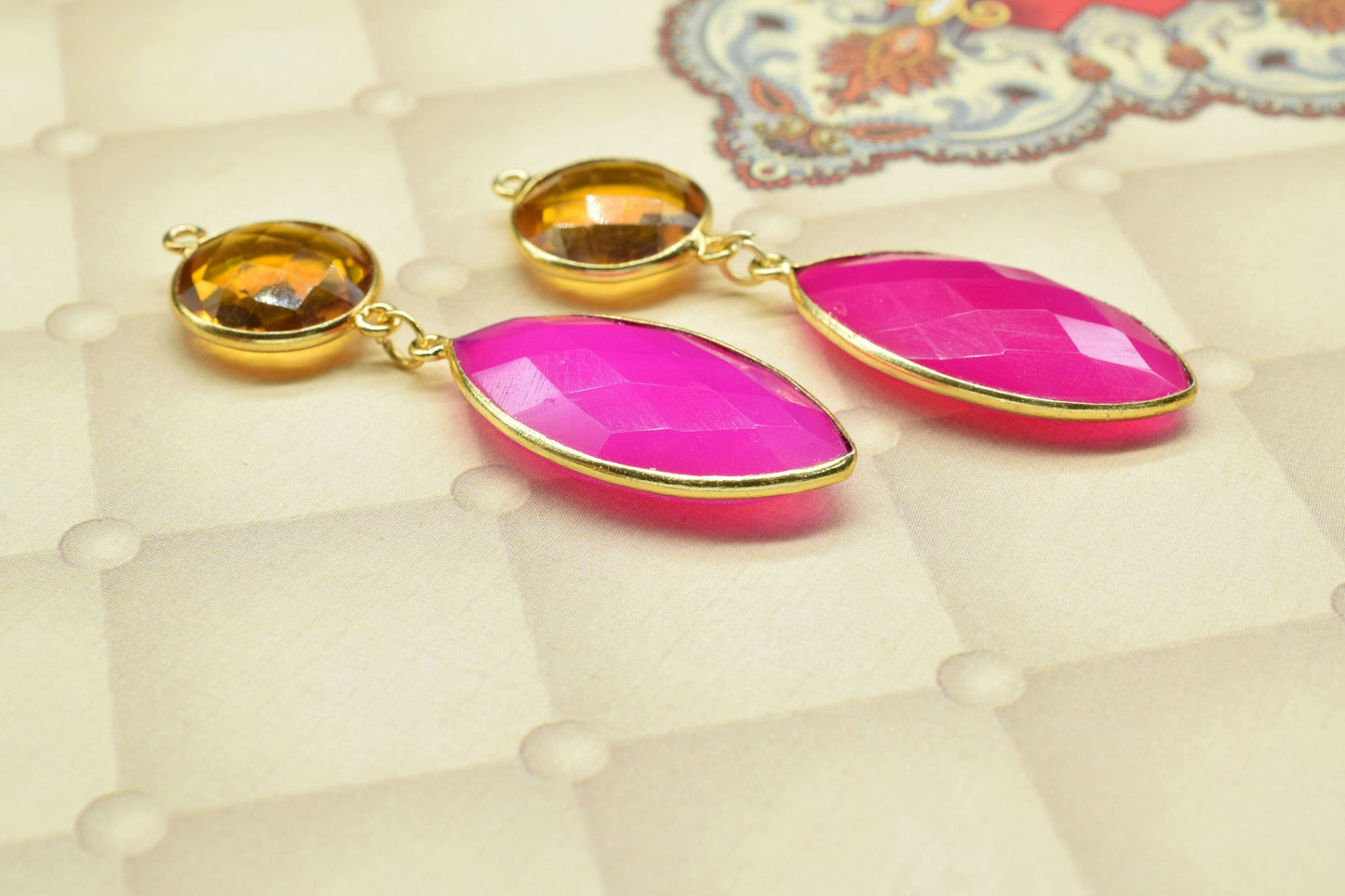 Pink Chalcedony Component pendant,Multi Gemstone Dangle Earring,Necklace Connector,Handmade jewelry,Dangle pendant Charms,Citrine Connectors