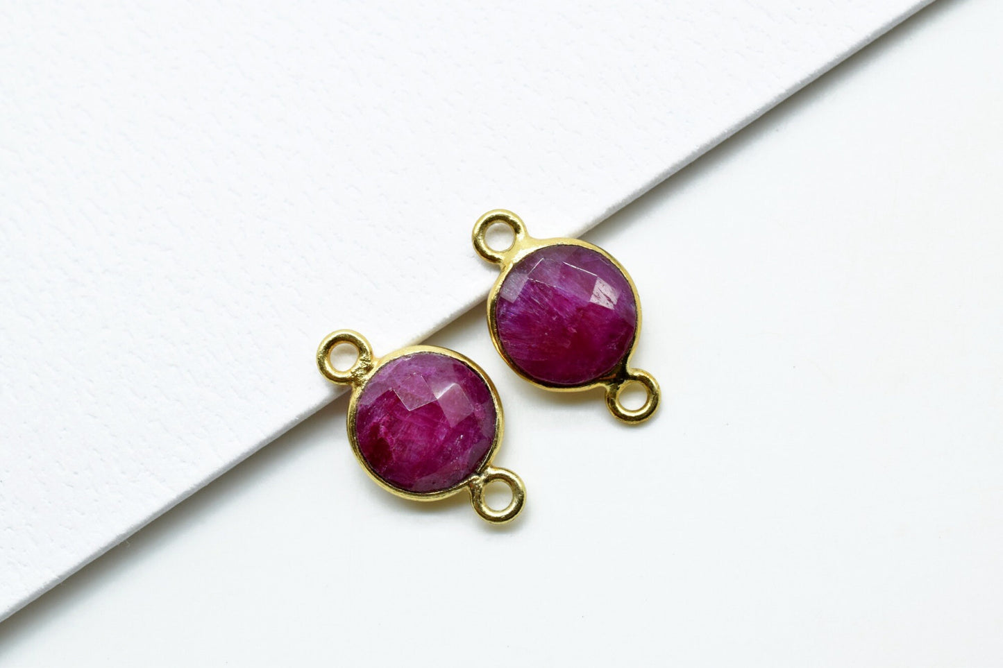 Natural Ruby 8mm round double loop connectors,Ruby Pendant,Ruby Round Gold Plated bezel,Bezel,Ruby jewelry making charm,Ruby Brass connector