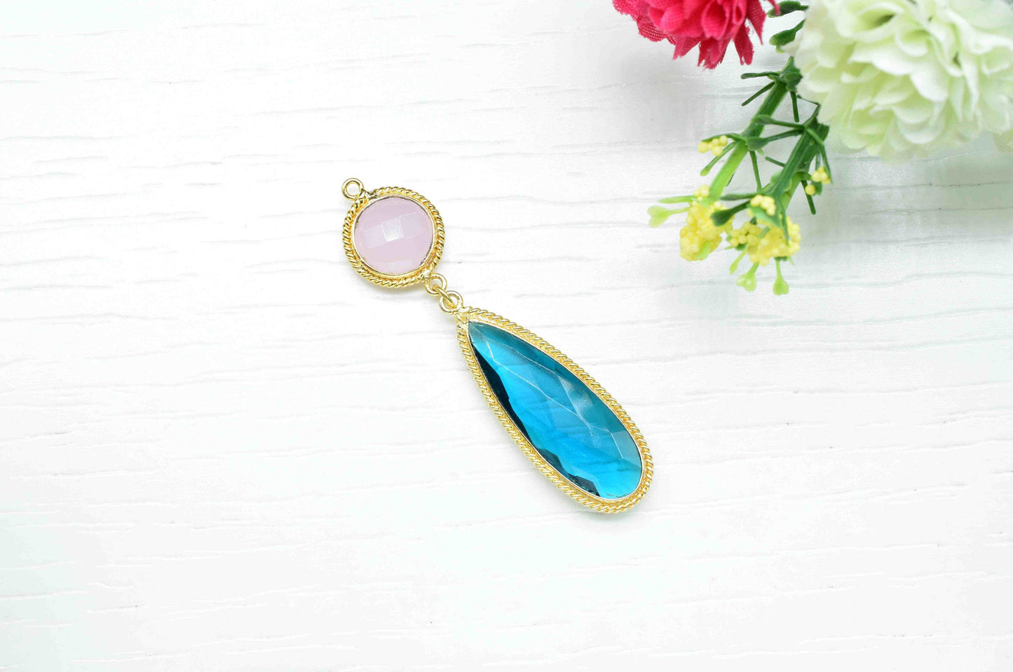 Rose Quartz  Pendant Charms , Neon Apatite Dangle Earring Component , Multi Gemstone Dangle Earring , Component Jewelry , B'day Gift