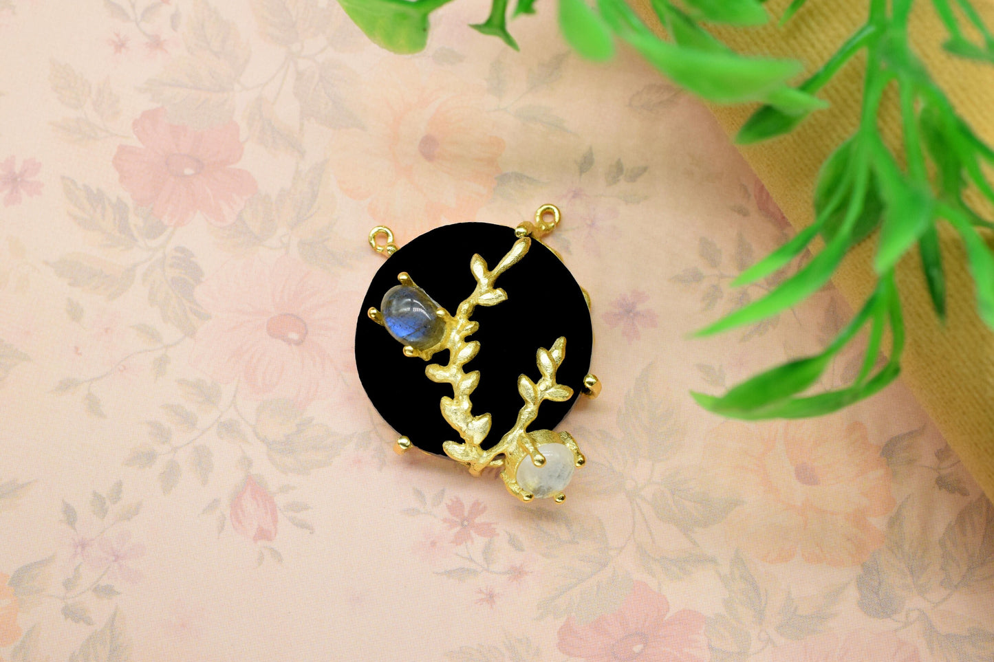 Black Onyx Leaf Pendant Charms,Handmade Loop Pendant,Gemstone Rainbow Pendant,Multi Stone Pendants,Prong Set Pendant,Women Pendant Jewelry