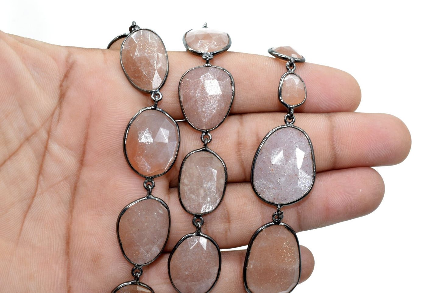 Peach Moonstone Bezel Connector Chain,Peach Moonstone Free form Size Connector Chain,Handmade Bezel Link Chain,Gold Plated Bezel Link Chain