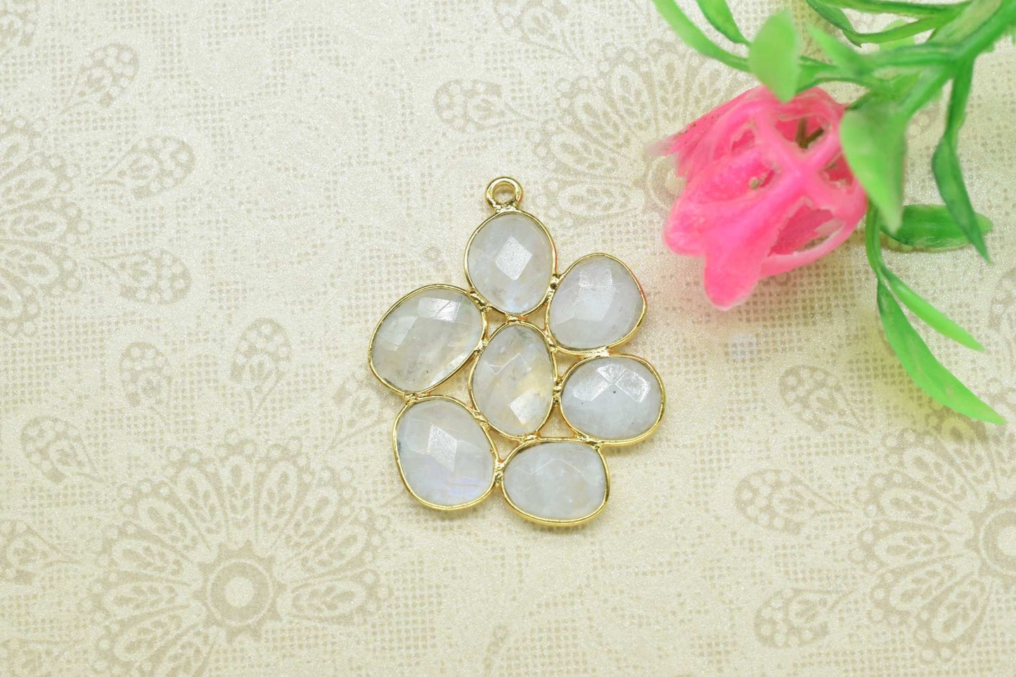 Rainbow Flower Pendant,Gemstone single bail connectors,Moonstone jewelry making Craft,Handmade Jewelry,Chandelier Earring Connector,Gift