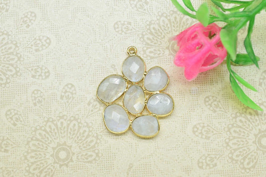 Rainbow Flower Pendant,Gemstone single bail connectors,Moonstone jewelry making Craft,Handmade Jewelry,Chandelier Earring Connector,Gift
