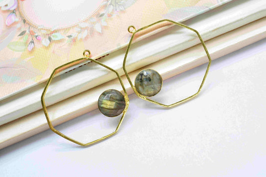 Labradorite Gemstone Component Hexagon Shape Single Bail Charm,Labradorite Connector Pendant,Finding Gold Plated Connectors, Pendant Jewelry