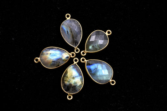 Labradorite 13x18mm Teardrop double bail connectors,Natural Labradorite Pear Checker Cut Gemstone- Pear Shape Gold Plated Bezel Connectors