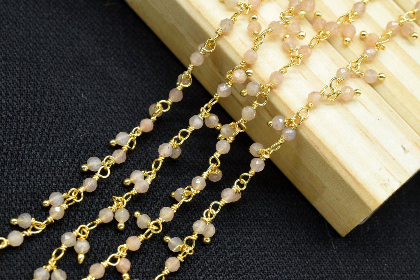 Peach moonstone Cluster Rosary Chain,Gemstone Chain,Wire Wrapped Necklace Chain,Peach Dangling Faceted Chain,Handmade Station Link Jewelry