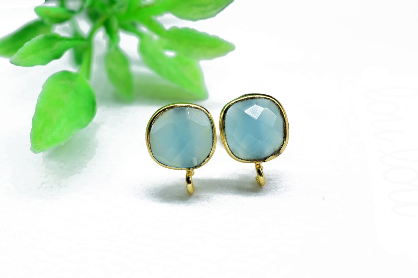 Aqua Chalcedony 8mm Earring Connector,Jewelry,Cushion Earring Connector,Jewelry Making Components,Chrysoprase Ear Stud,Jewelry Supplies,